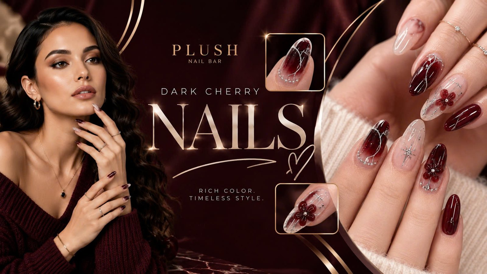 Plush Nail Bar dark cherry nails banner with glossy burgundy almond nails and silver floral art