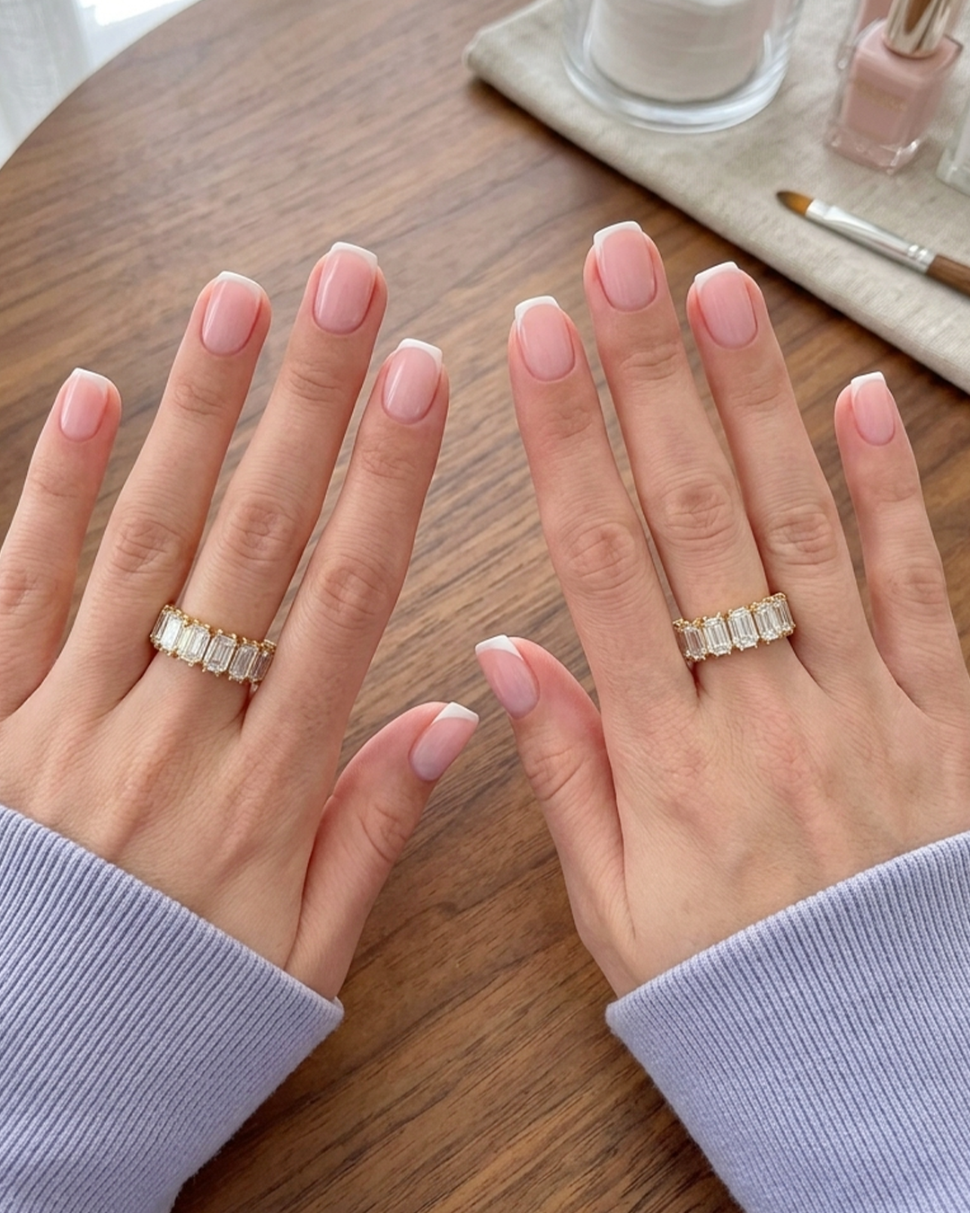 Classic French tip short nails with clean white edges