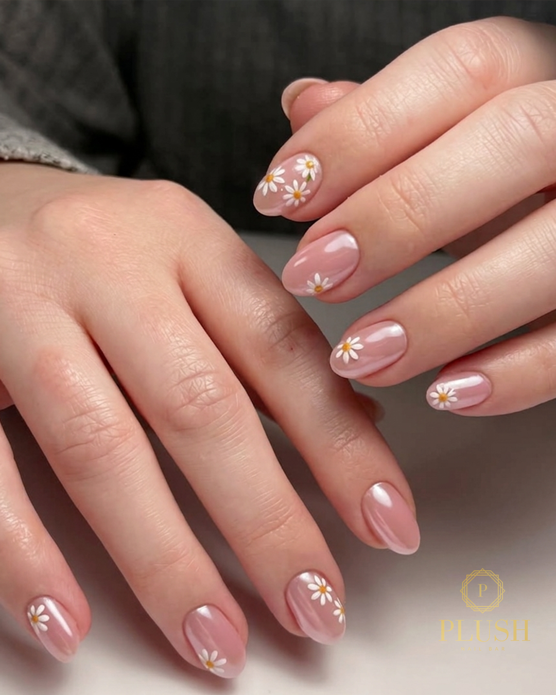 simple daisy nail design nude natural nails glossy manicure Plush Nail Bar The Woodlands TX