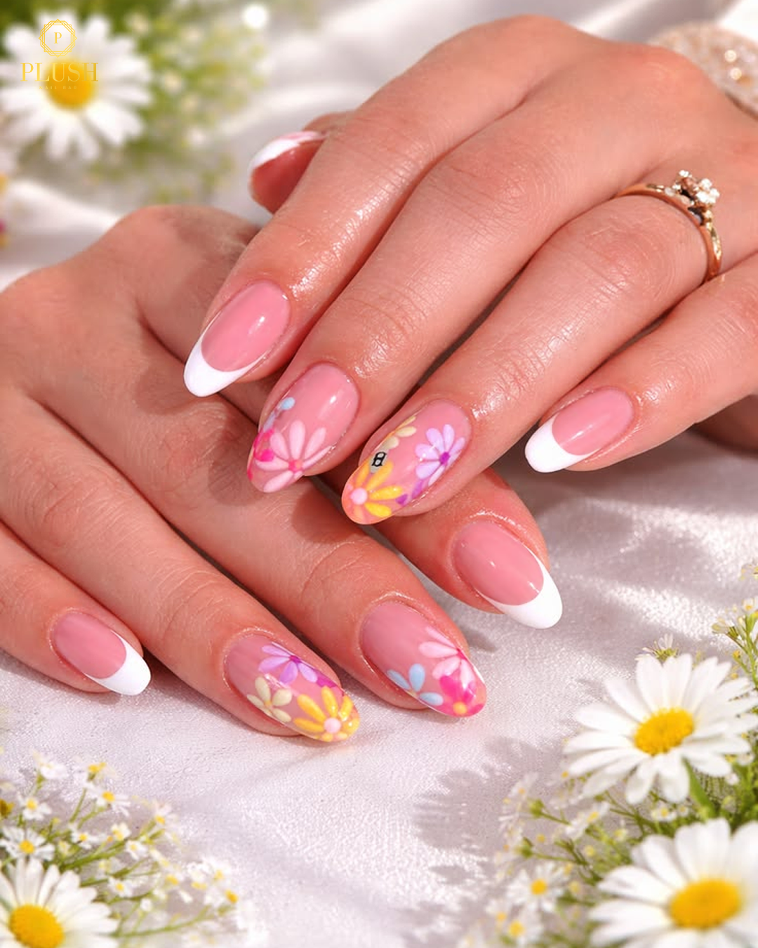 french manicure with flowers colorful daisy nails pink base cute daisy nails Texas