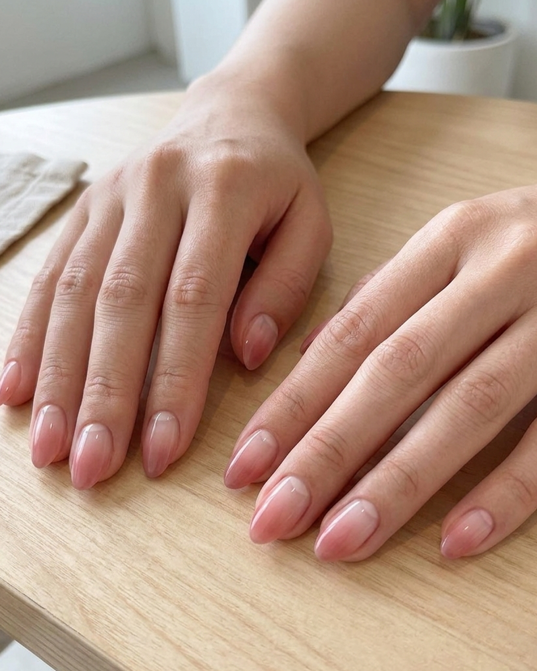 Natural ombre almond short nails in soft pink gradient