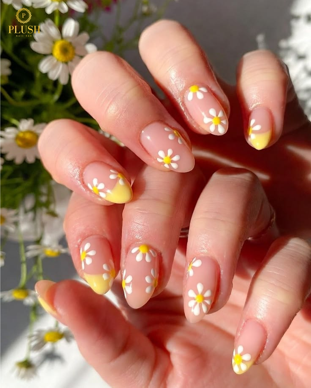 yellow french tip daisy nails on nude base almond shape at Plush Nail Bar The Woodlands TX