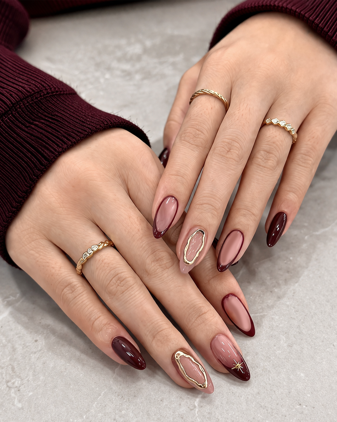 Deep burgundy glossy Prom Nails at Plush Nail Bar The Woodlands, elegant evening manicure for prom