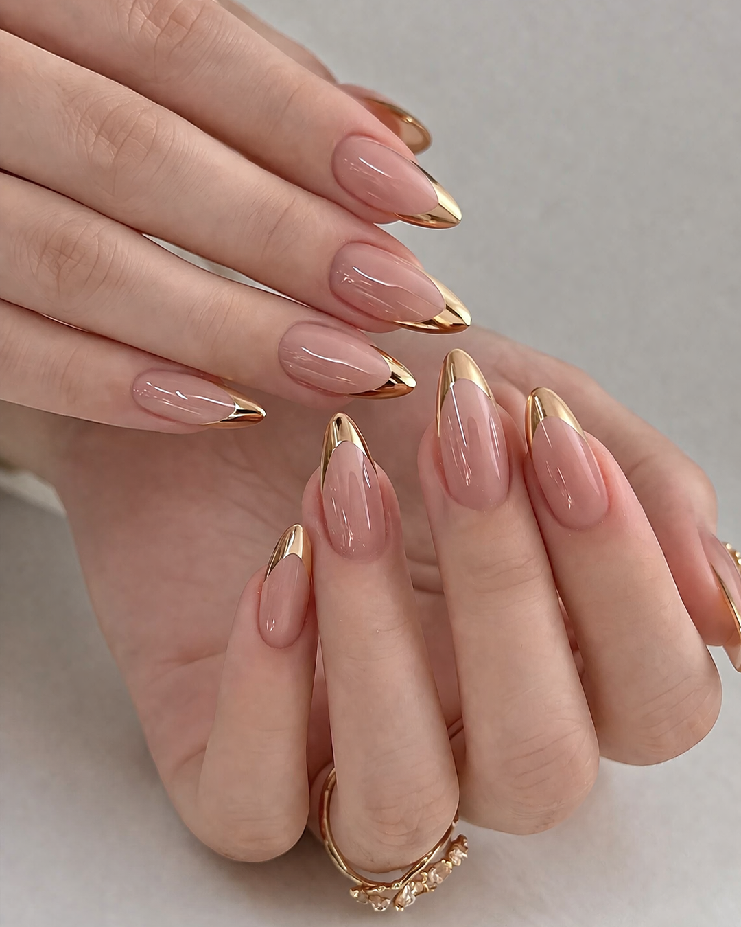 Luxury gold chrome tip Prom Nails at Plush Nail Bar Grogan’s Mill, almond shape nails with metallic finish