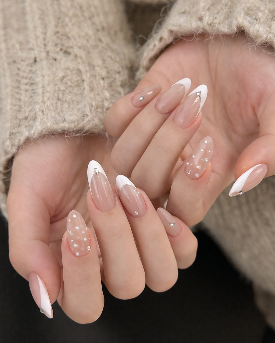 Classic French ombre Prom Nails with pearl accents at Plush Nail Bar Montgomery, timeless and elegant nail design