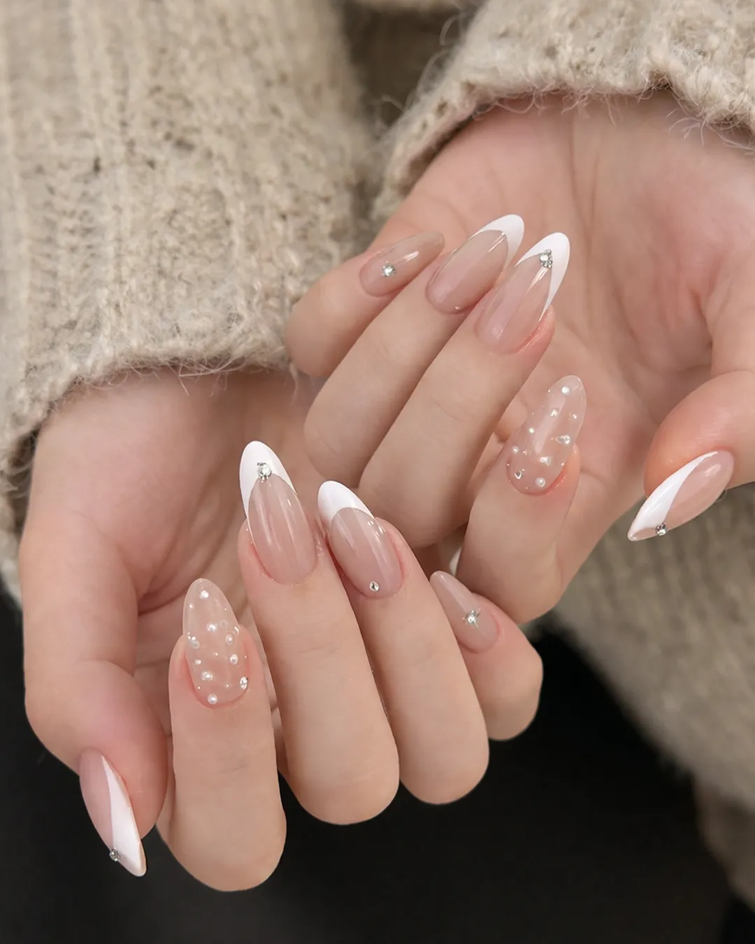Classic French ombre Prom Nails with pearl accents at Plush Nail Bar Montgomery, timeless and elegant nail design