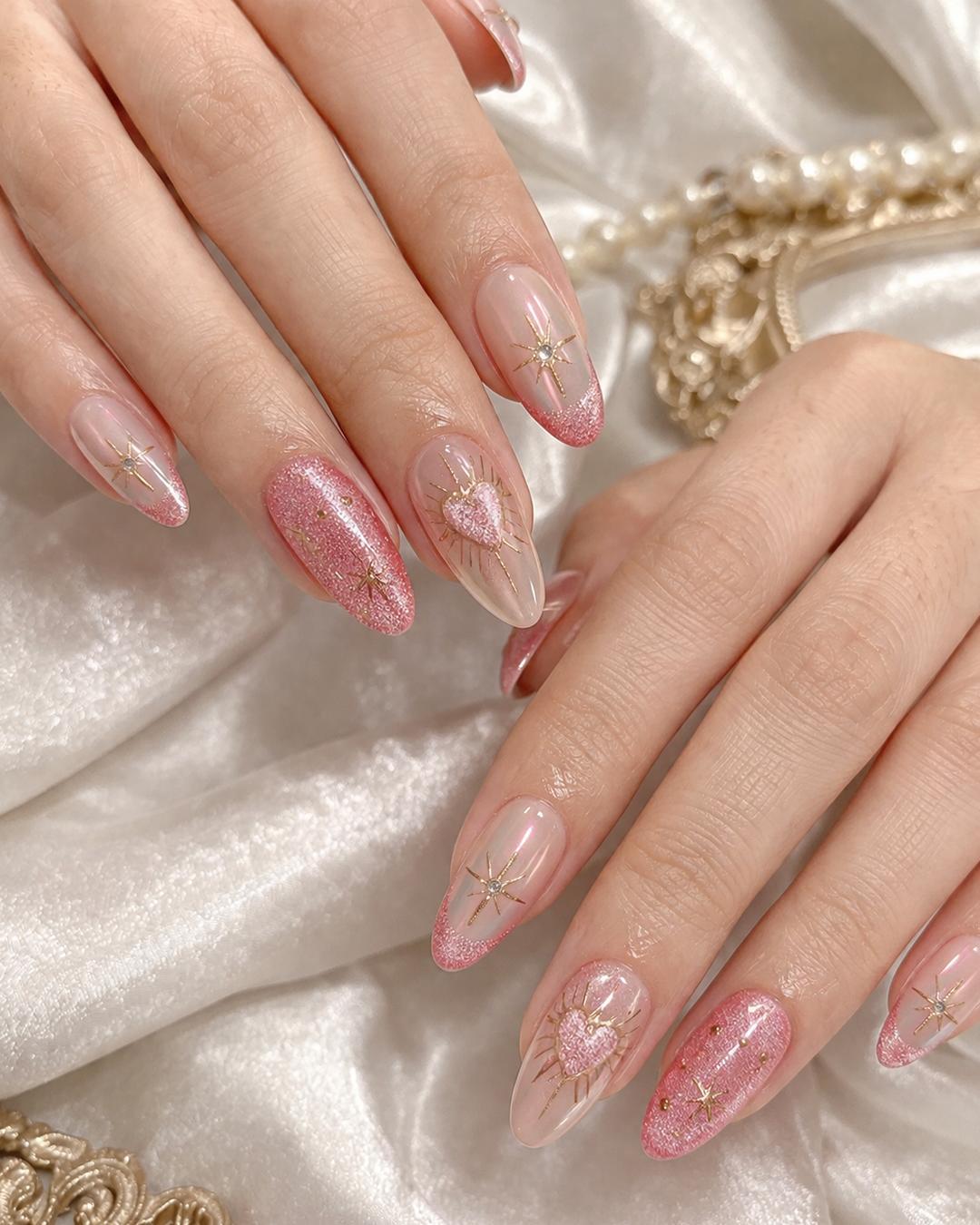 Romantic pink glitter heart Prom Nails design at Plush Nail Bar Kingwood, perfect for soft glam prom look