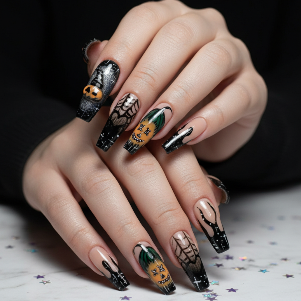 Fall nails with dripping black polish, silver spiderwebs, and jack-o’-lantern art