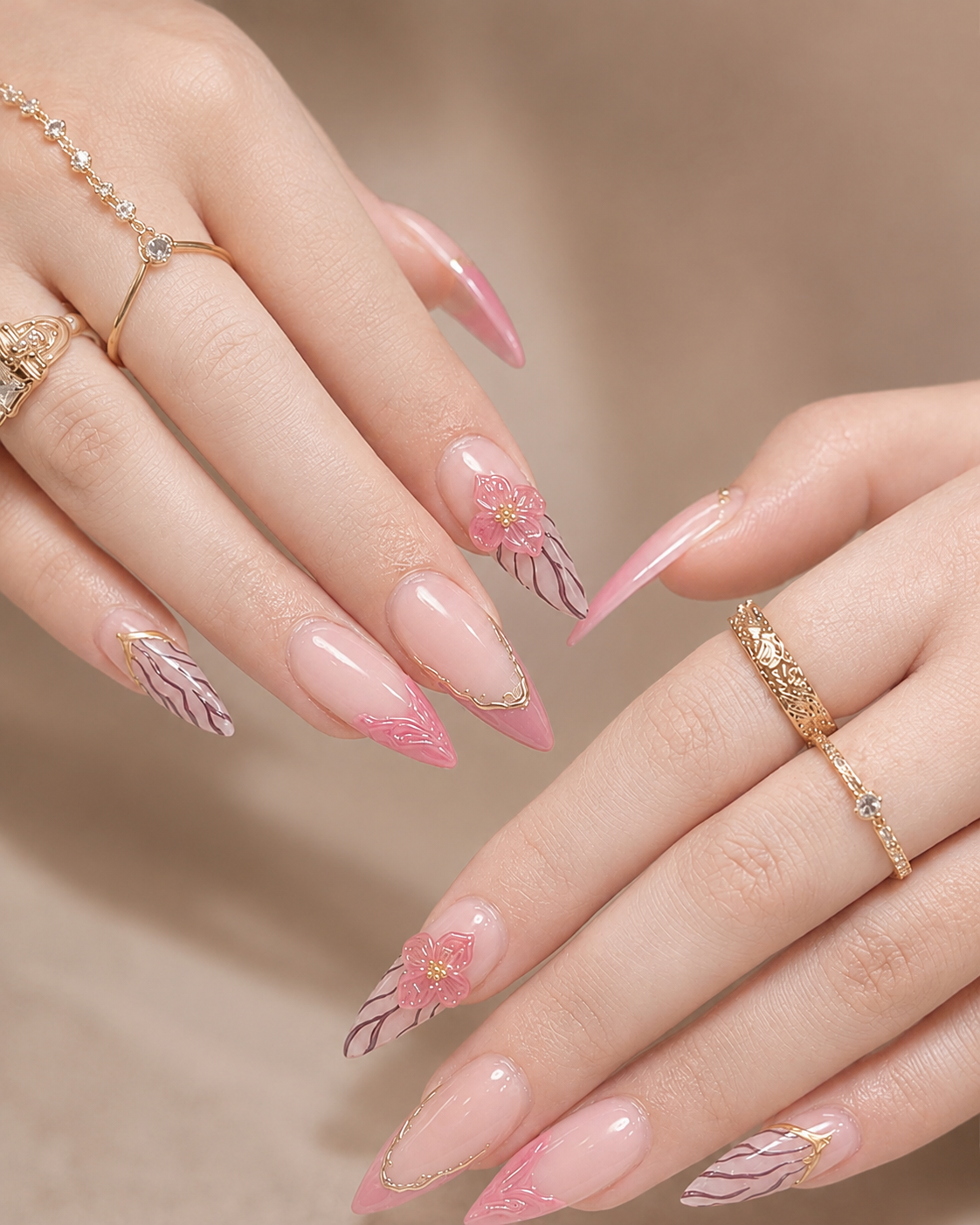 Luxury 3D cherry blossom pink nails with floral nail art