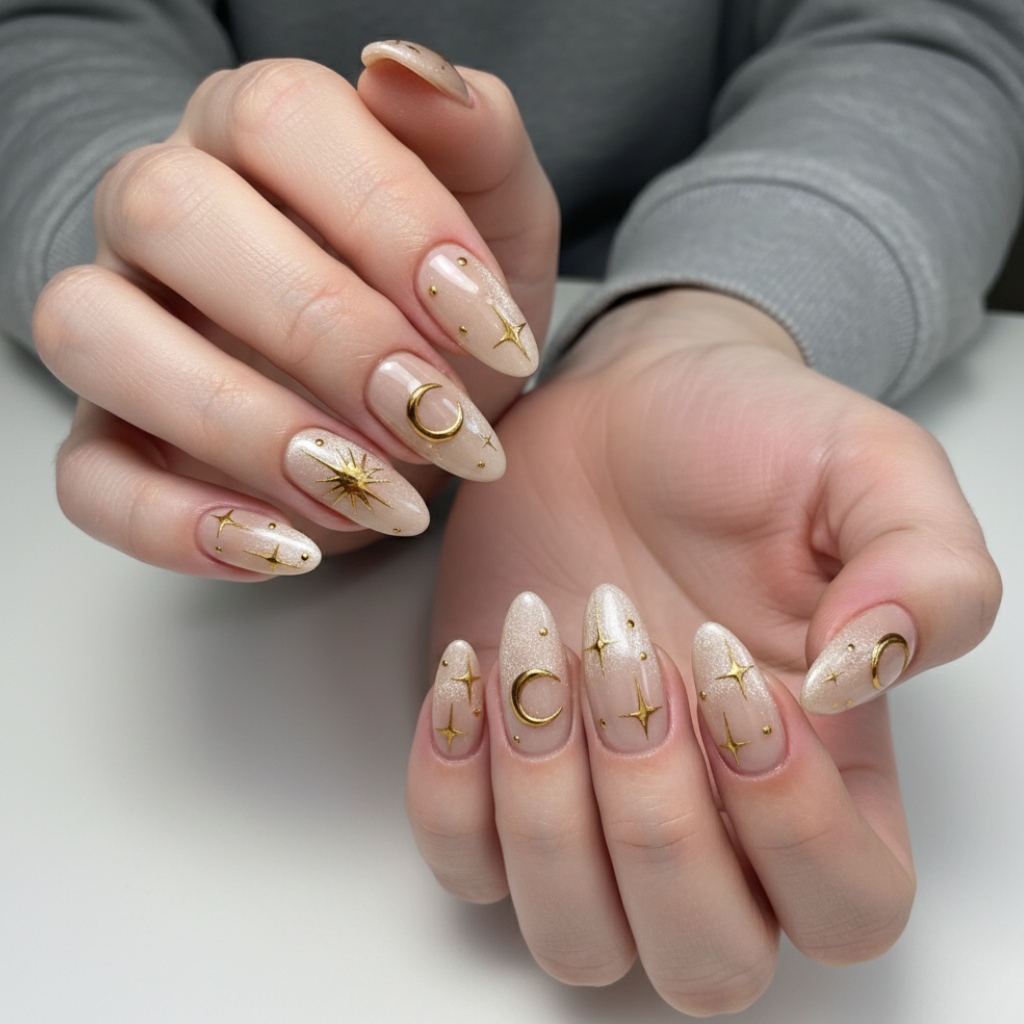 7 Elegant Gel Nail Ideas to Keep Your Style On Point This Fall 2025 6 Moon and star gel nails in nude beige with gold celestial art — luxury fall and winter gel nail inspiration.