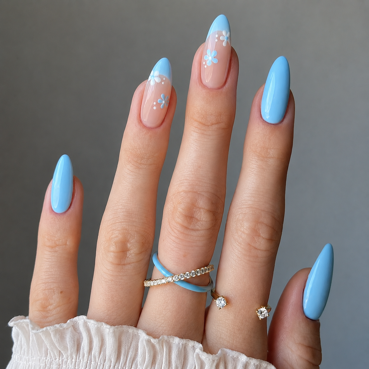 Floral Baby Blue Nails with daisy nail art