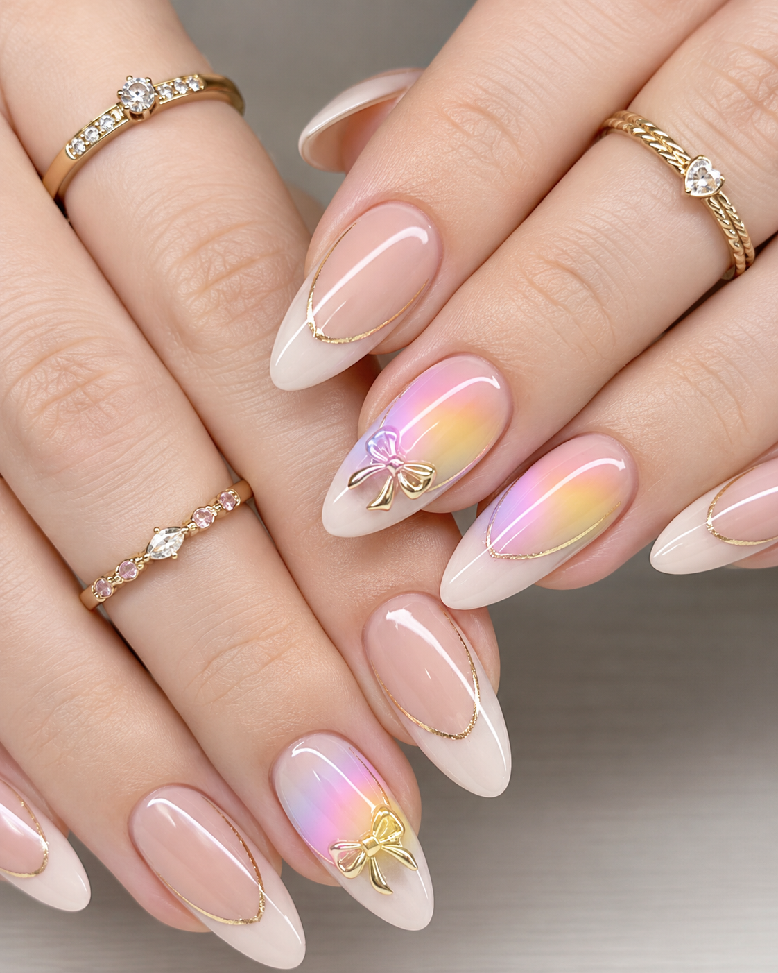 Bow accent ombre french nail with soft pastel gradient and gold bows