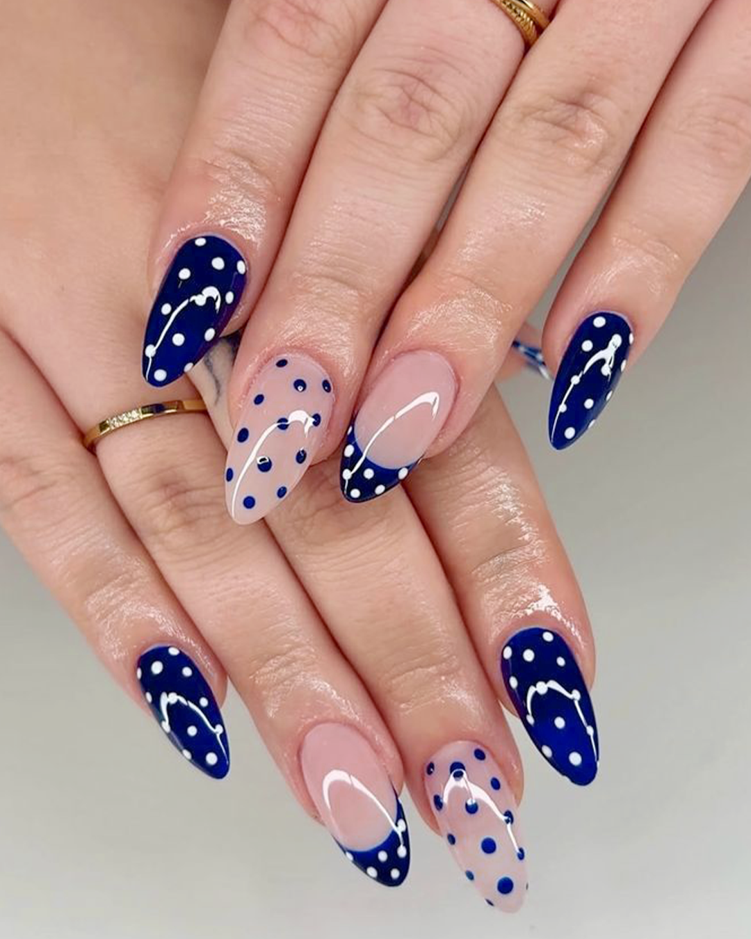 Blue polka dot French tip Prom Nails at Plush Nail Bar Bellaire, fun and playful nail design for prom