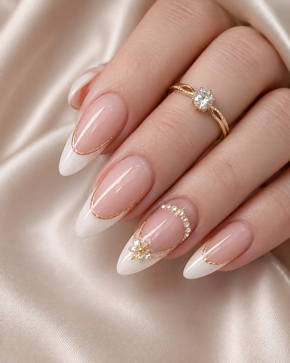 Luxury gold-trimmed white french nail with crystal floral motifs