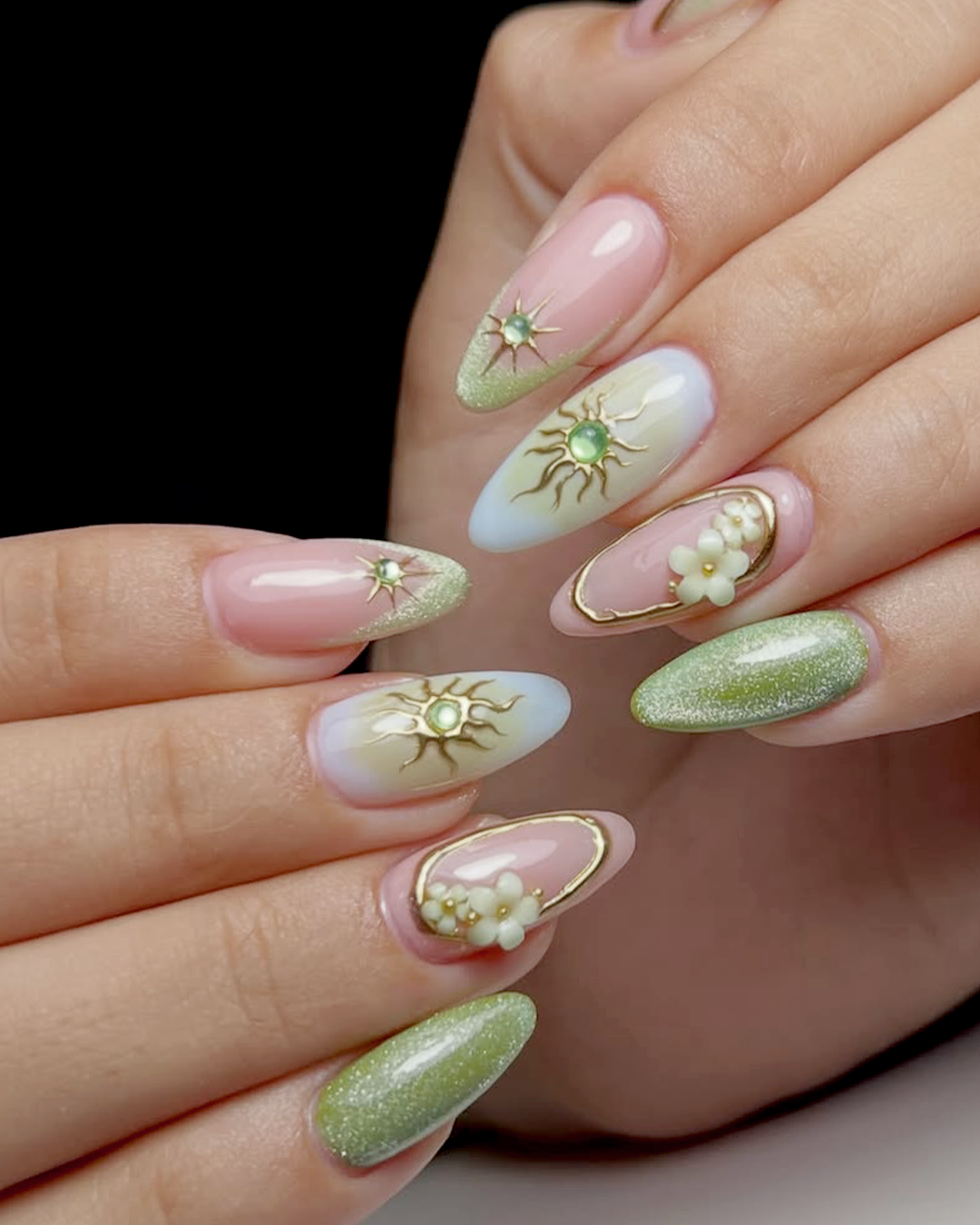 Pastel aura Prom Nails with floral nail art at Plush Nail Bar Kingwood, dreamy and artistic prom manicure