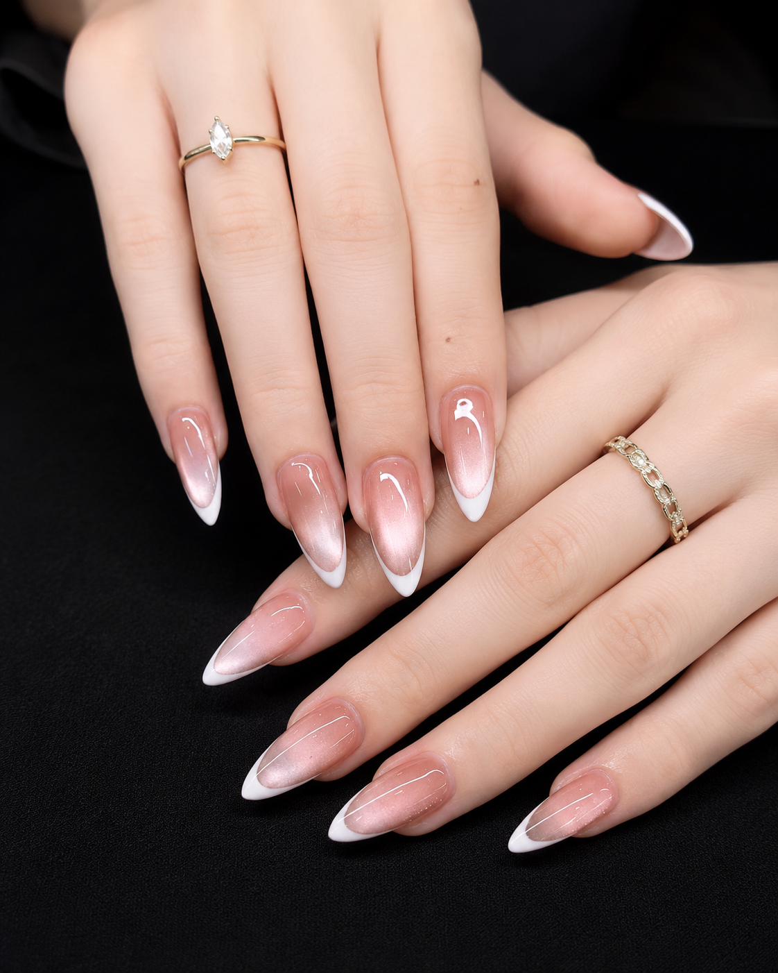 Shimmer cat-eye pink french nail with classic white tips