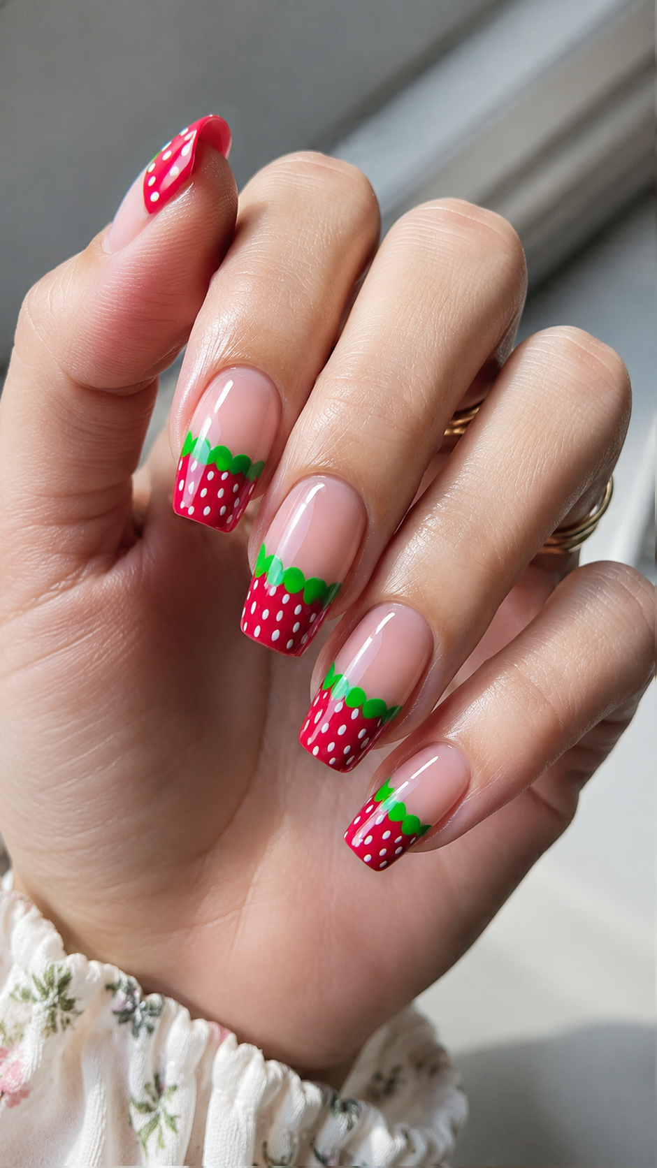 9 Trendy Strawberry Nails for a Sweet Summer in Kingwood, TX 3 Square acrylic nails featuring scalloped strawberry French tips and white seed details.