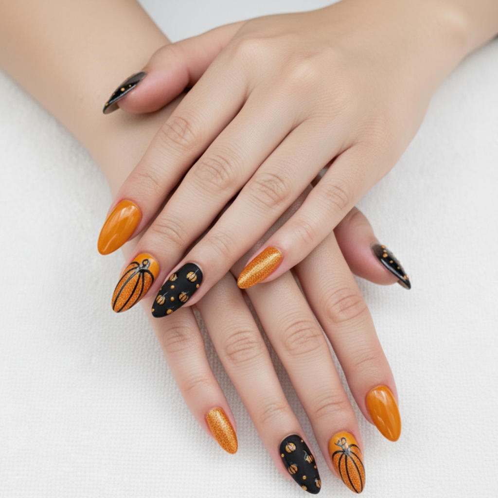 Simple fall nails with orange glitter polish and golden pumpkin accents