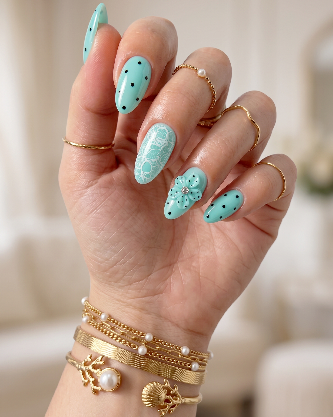 Tiffany Nails: The Elegant Manicure Trend Fashion Editors Love 6 Minimalist Tiffany blue nails with translucent white base and turquoise polka dots