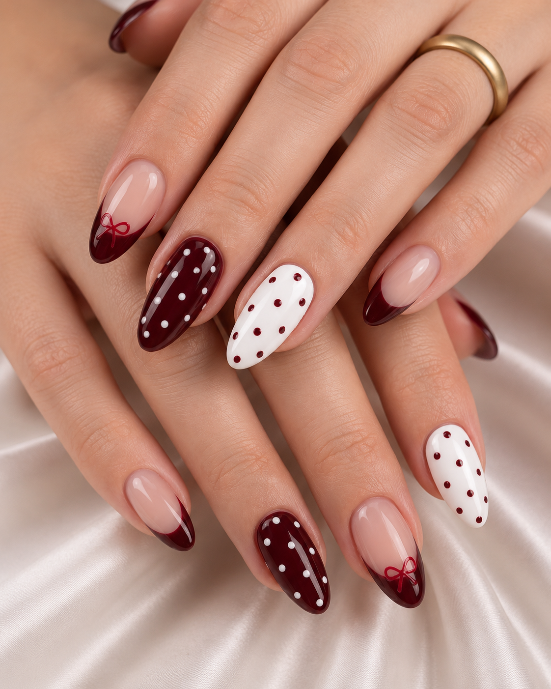 Almond nails combining classic French tips in deep burgundy with white polka dot accents. Features thin red bows painted over the French tips and contrasting burgundy-and-white polka dot accent nails
