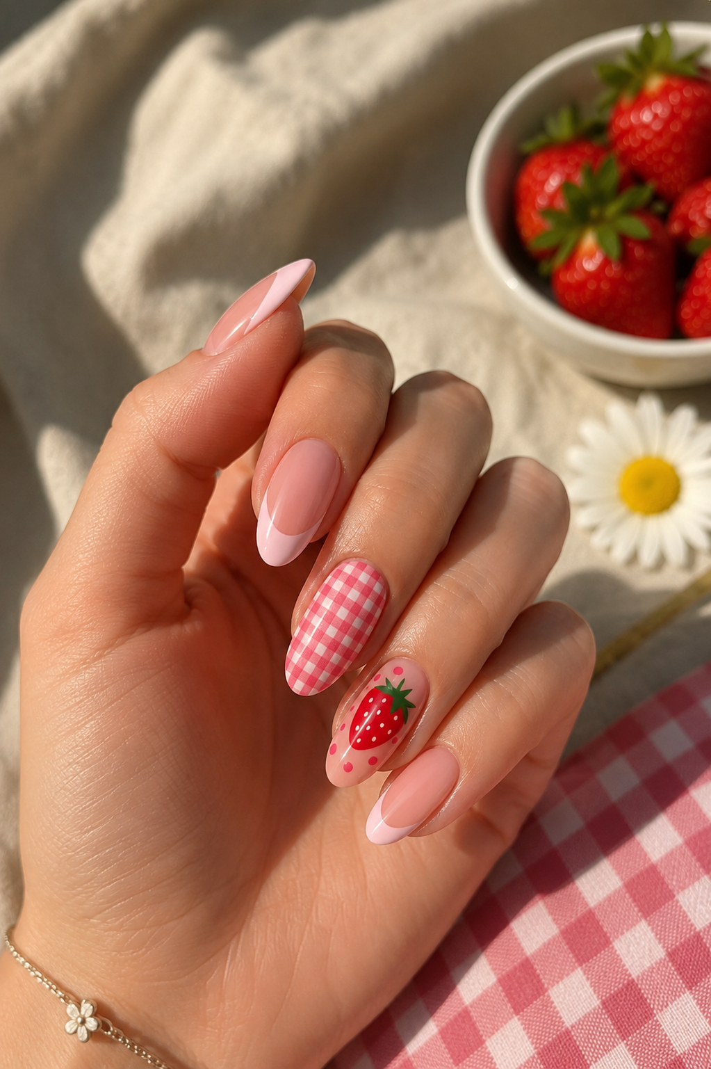 9 Trendy Strawberry Nails for a Sweet Summer in Kingwood, TX 6 Cute summer strawberry nails featuring pastel pink gingham patterns and pink French tips.