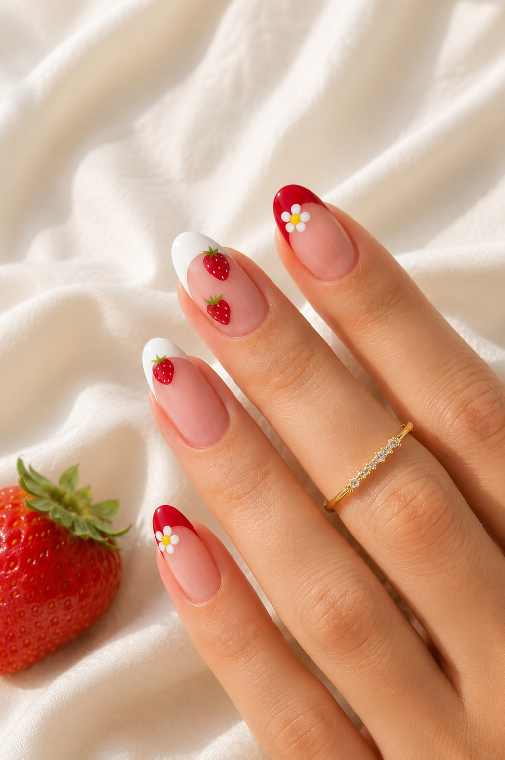9 Trendy Strawberry Nails for a Sweet Summer in Kingwood, TX 5 Elegant red French tip nails paired with mini white daisies and small strawberry nail art.