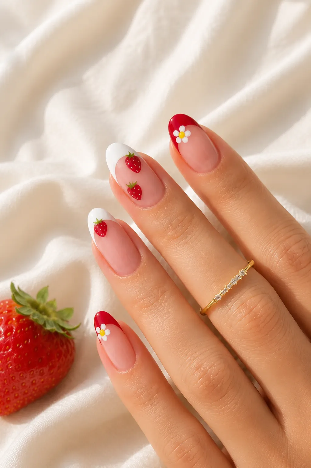 Elegant red French tip nails paired with mini white daisies and small strawberry nail art.