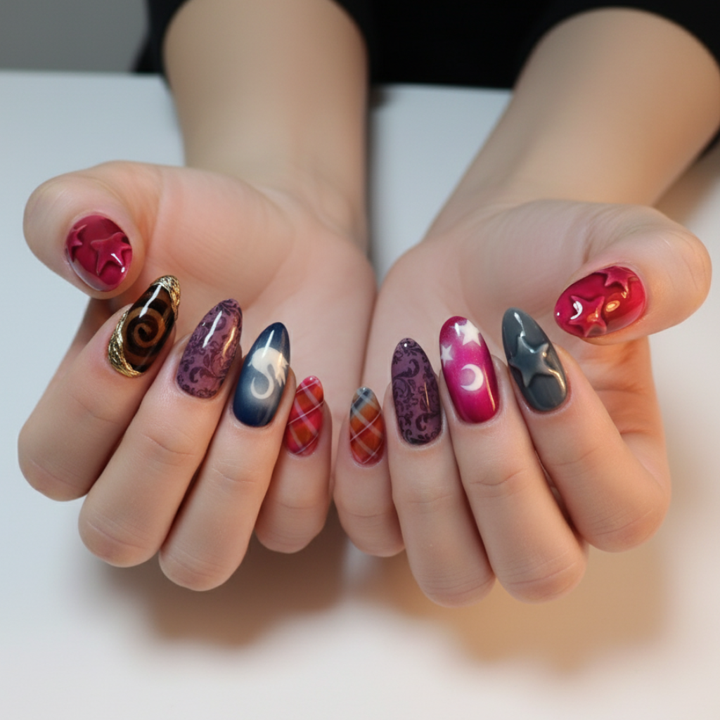 7 Elegant Gel Nail Ideas to Keep Your Style On Point This Fall 2025 4 Creative fall gel nails featuring plaid patterns, stars, and moon designs — artistic gel nail ideas from Plush Nail Bar.