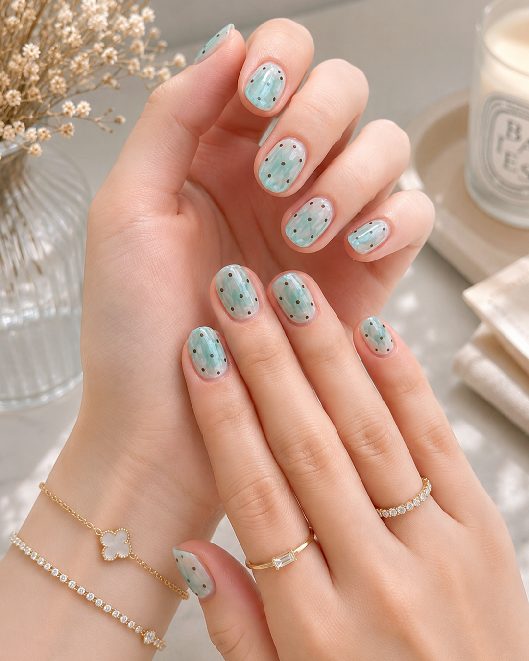 Tiffany Nails: The Elegant Manicure Trend Fashion Editors Love 4 Short Tiffany blue marble nails with minimalist black polka dot accents