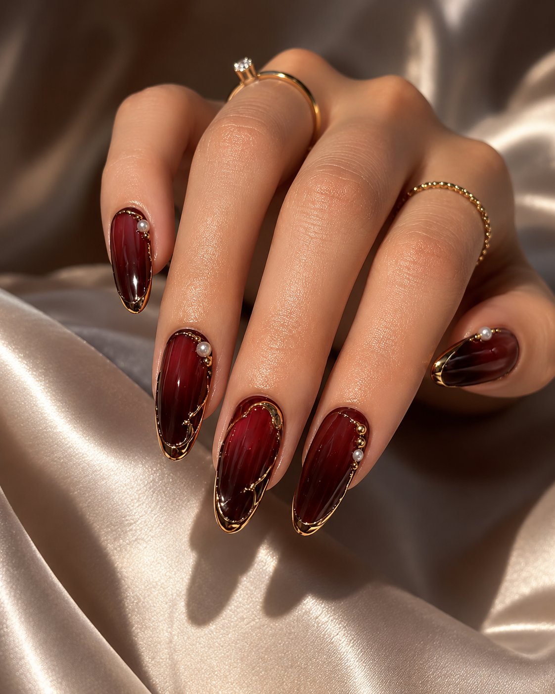 Luxurious deep maroon Homecoming nail ideas outlined with metallic gold edges and tiny pearl accents.