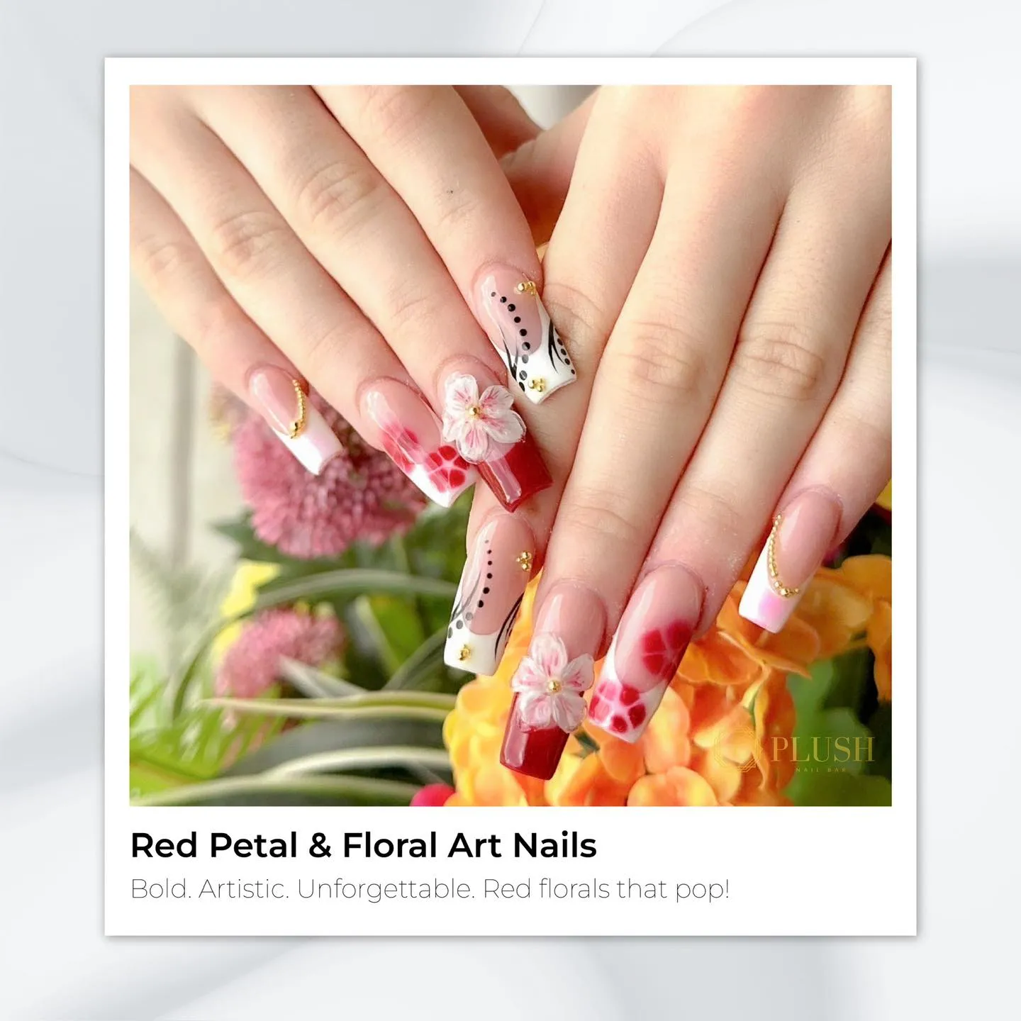 Top 4 Nail Ideas You Must Try in 2025 at Plush Nail Bar 3 Red Petal & Floral Art Nail ideas