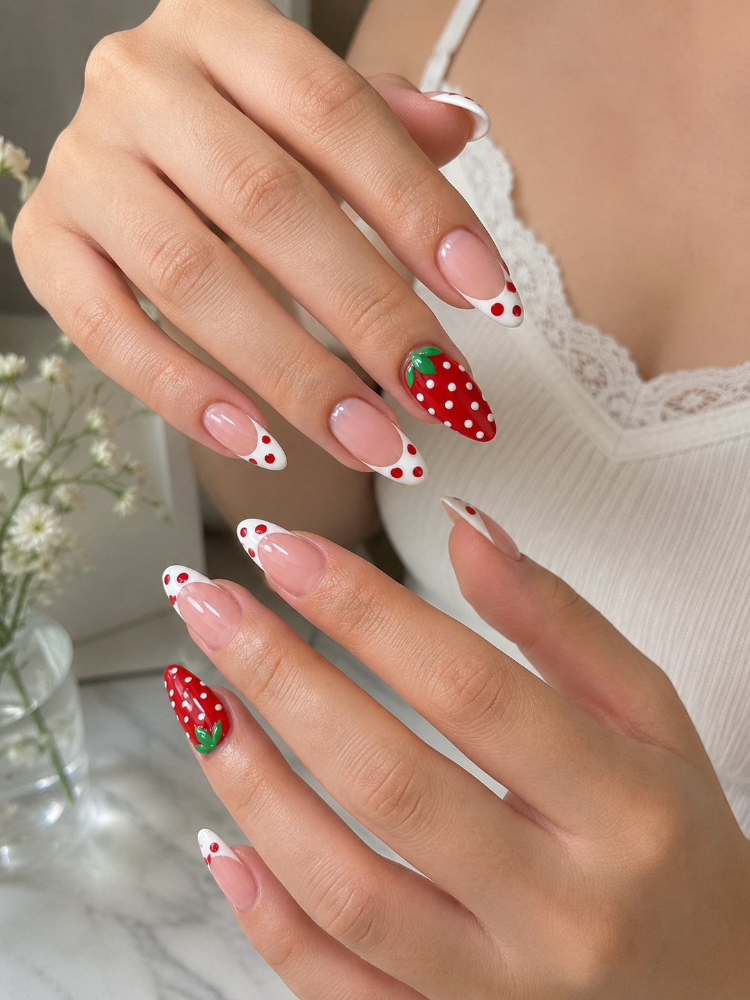 9 Trendy Strawberry Nails for a Sweet Summer in Kingwood, TX 8 Coquette style white French tips with red polka dots and matching strawberry nail designs in Kingwood TX.