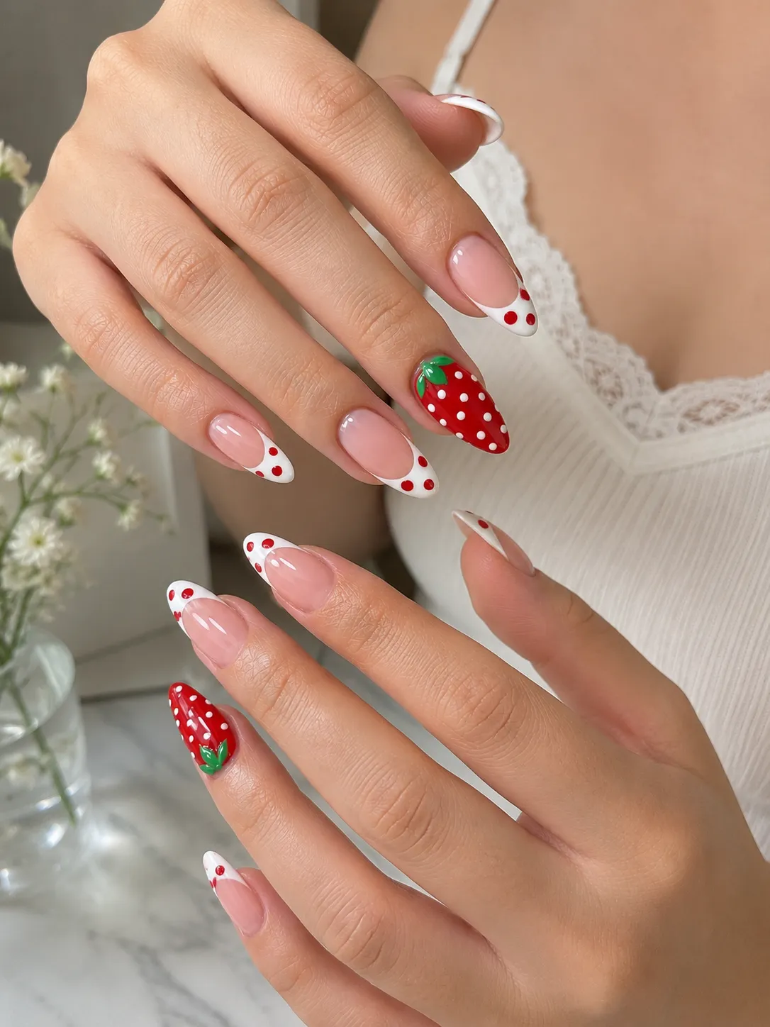 Coquette style white French tips with red polka dots and matching strawberry nail designs in Kingwood TX.