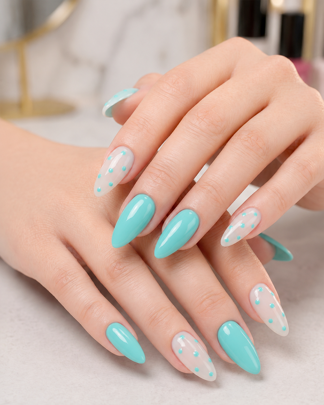 Tiffany Nails: The Elegant Manicure Trend Fashion Editors Love 5 Tiffany blue lace nails with 3D floral accent and glossy almond shape manicure