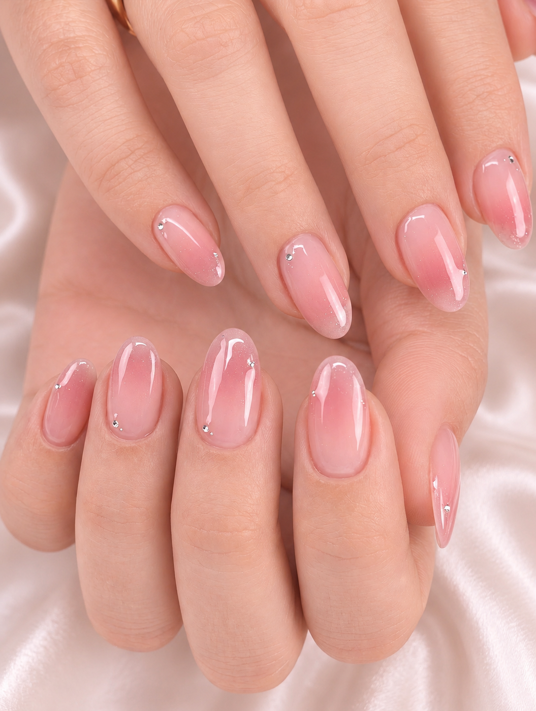 Soft pink ombre nails with tiny crystal accents