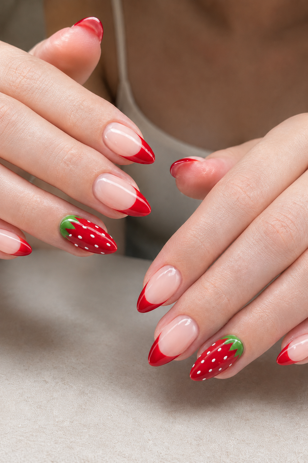 9 Trendy Strawberry Nails for a Sweet Summer in Kingwood, TX 7 Glossy red French tip nails with a realistic full strawberry accent nail design.