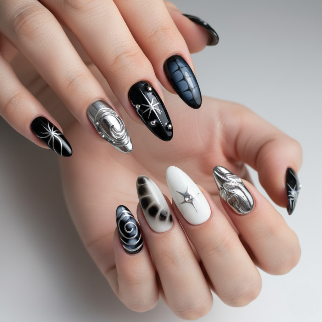 7 Elegant Gel Nail Ideas to Keep Your Style On Point This Fall 2025 3 Black and silver chrome gel nails with galaxy patterns and 3D metallic accents — trendy gel nail ideas 2025.