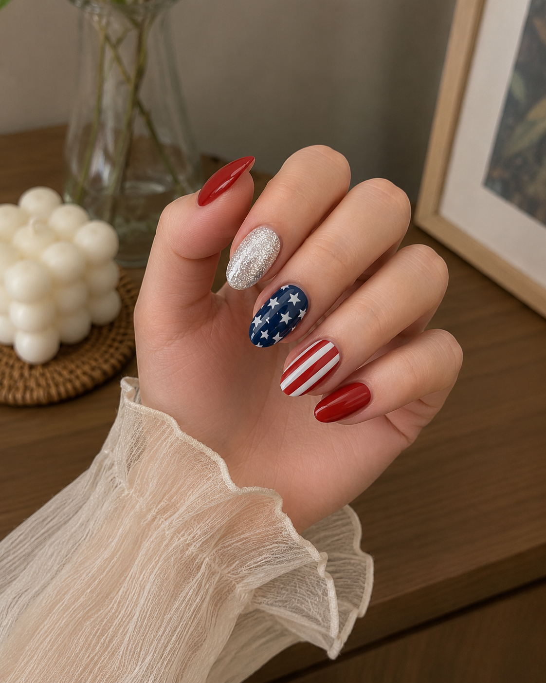 Elegant red, white, and blue patriotic nails with stars, stripes, and silver glitter for Fourth of July celebrations in The Woodlands, TX.
