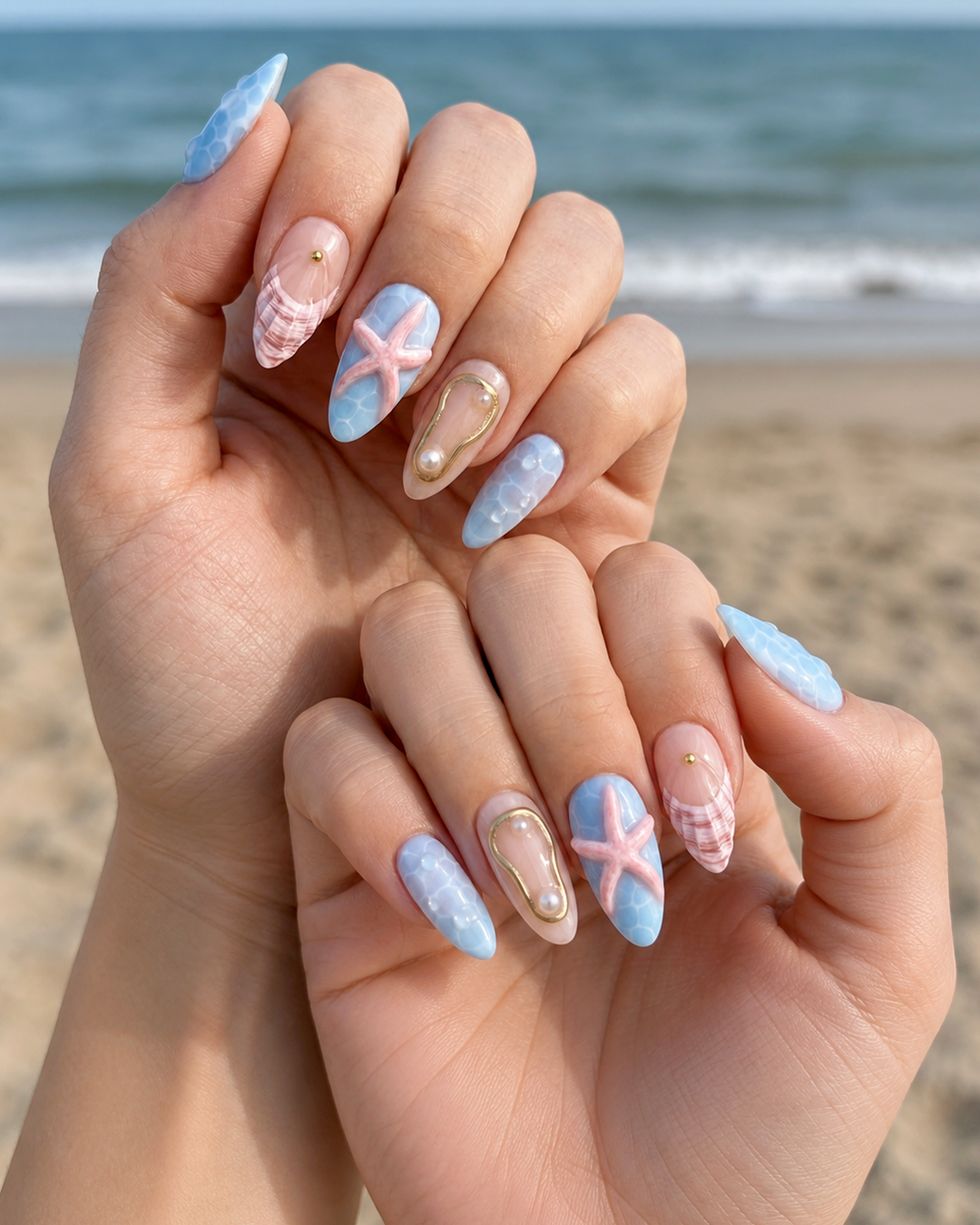 Ocean-inspired beach nails featuring seashell art, pink starfish, pearl accents, and blue ocean wave nails.