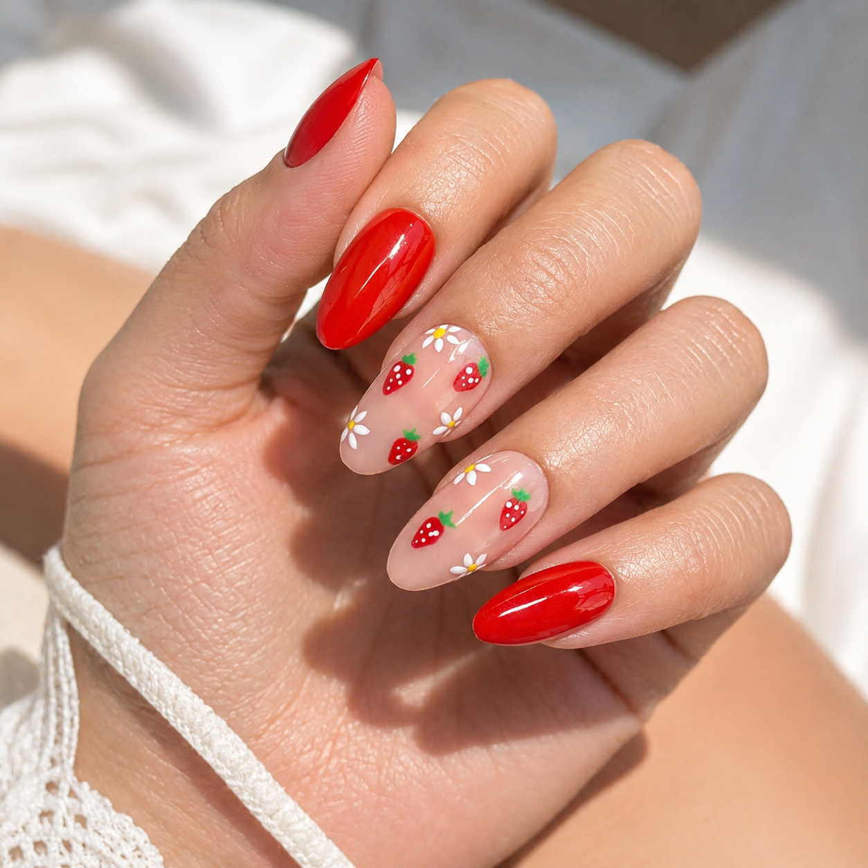 9 Trendy Strawberry Nails for a Sweet Summer in Kingwood, TX 1 Clear almond nails featuring delicate strawberry nail art and white daisies with solid red nails at Plush Nail Bar Kingwood