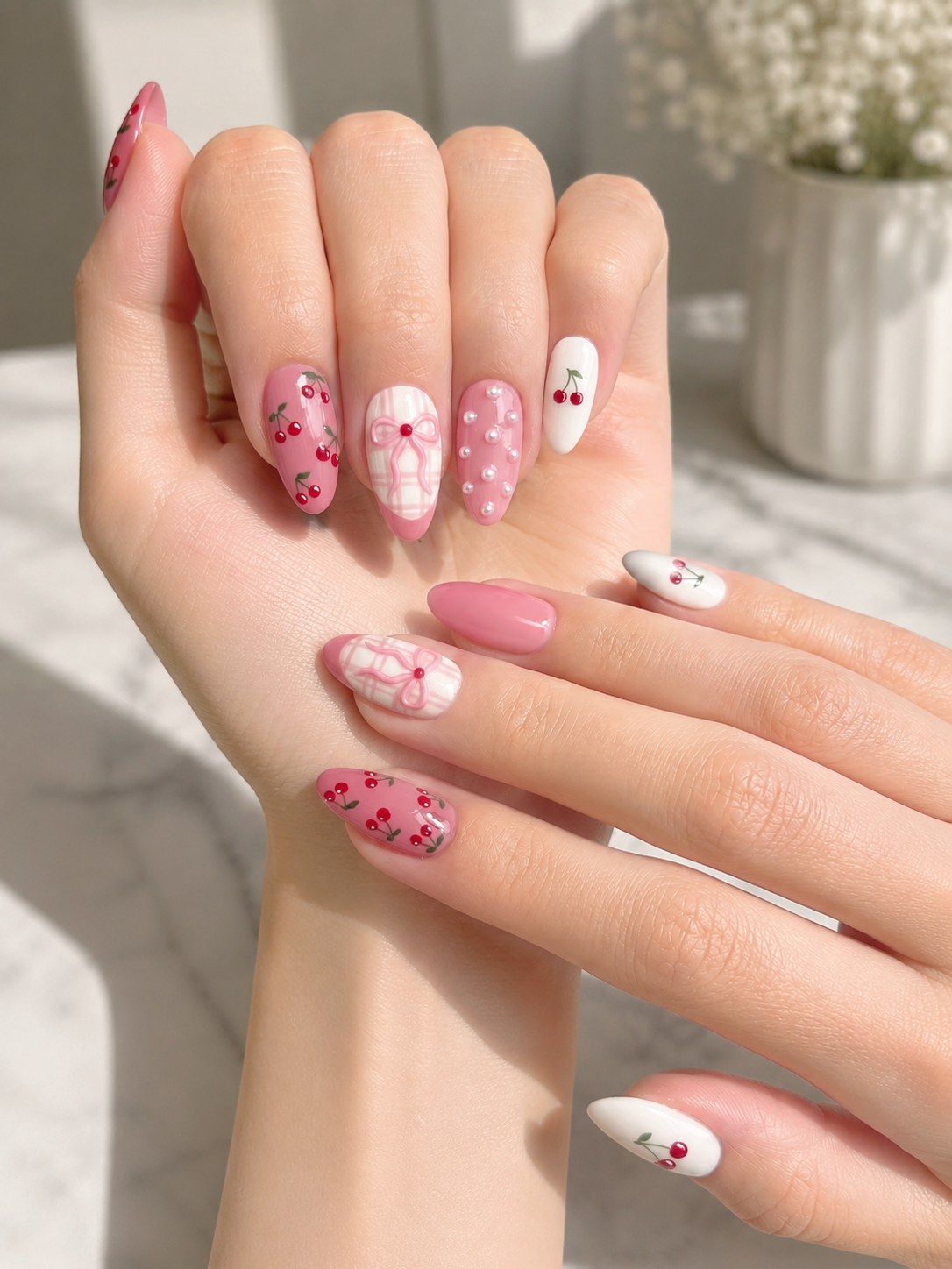 Cherry Nails Are the Sweetest Trend of the Year | 7 Chic Designs by Plush Nail Bar 8 Coquette Cherry Nails with bows, pearls, soft pink shades, and delicate cherry nail art for a feminine manicure.