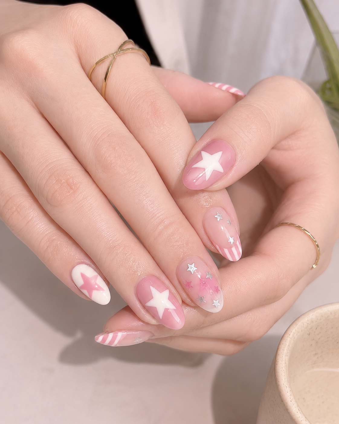 Soft pink ombre nails with tiny crystal accents