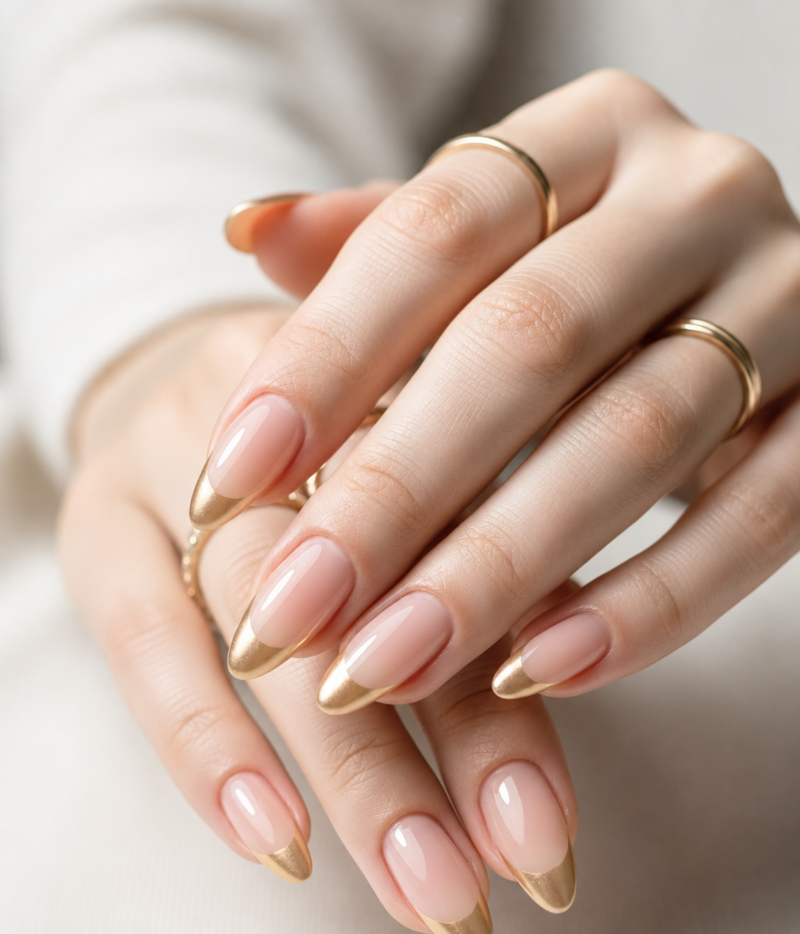 Champagne Chrome Nails with metallic gold French tips over a sheer nude base, delivering a minimalist luxury manicure with timeless elegance.