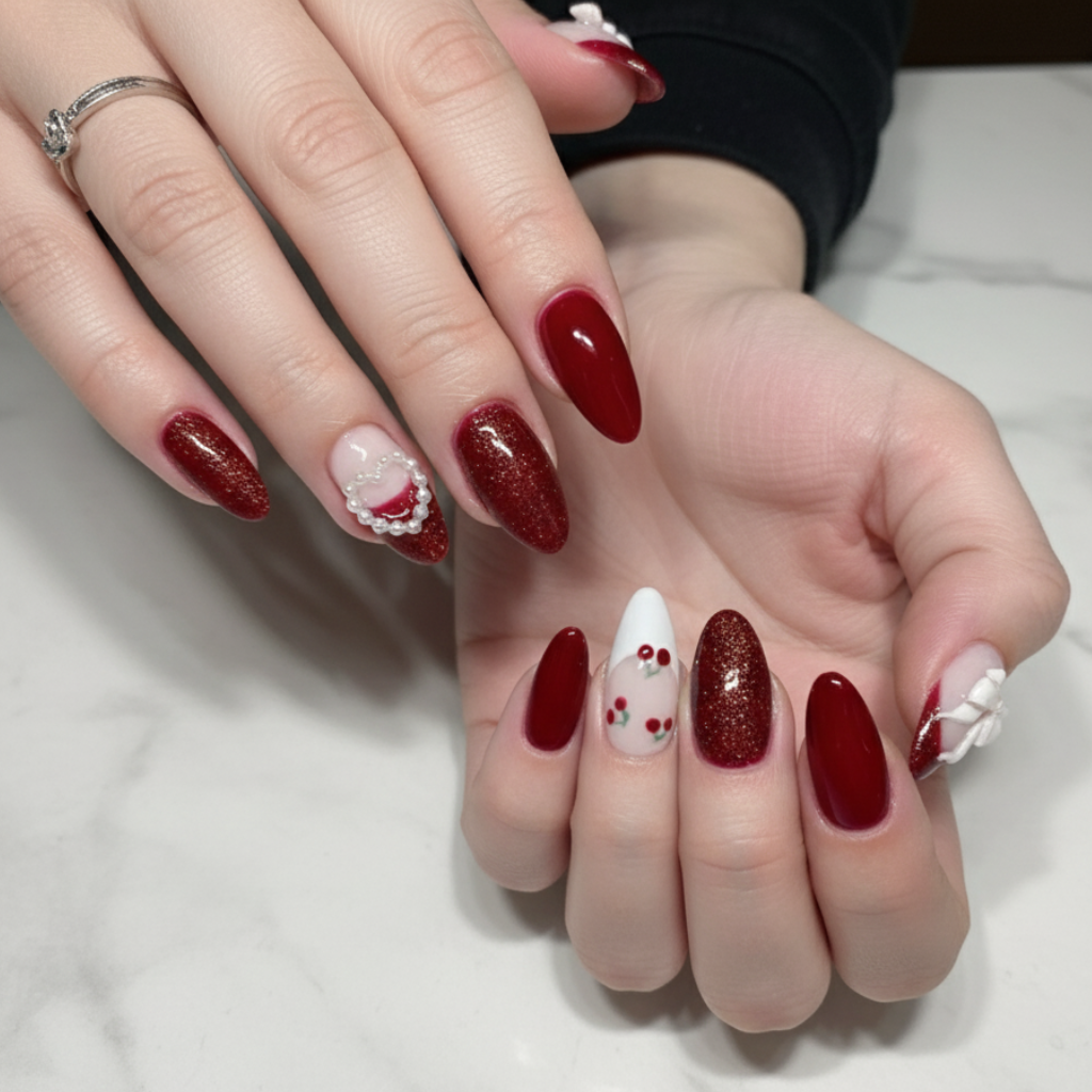 7 Elegant Gel Nail Ideas to Keep Your Style On Point This Fall 2025 2 Deep red gel manicure with pearl heart 3D design — romantic and festive gel nail ideas for Fall 2025.