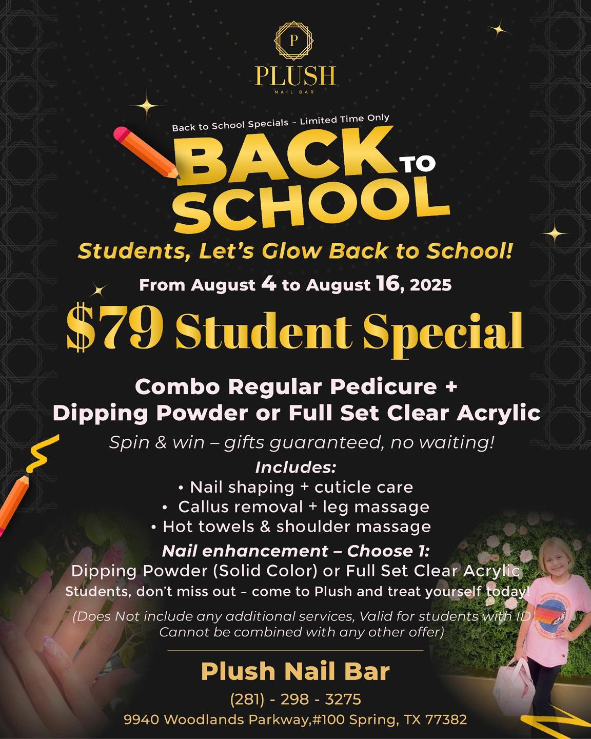 Plush Nail Bar flyer promoting $79 student back to school nail specials with combo pedicure and nail enhancement, valid from August 4 to 16, 2025.