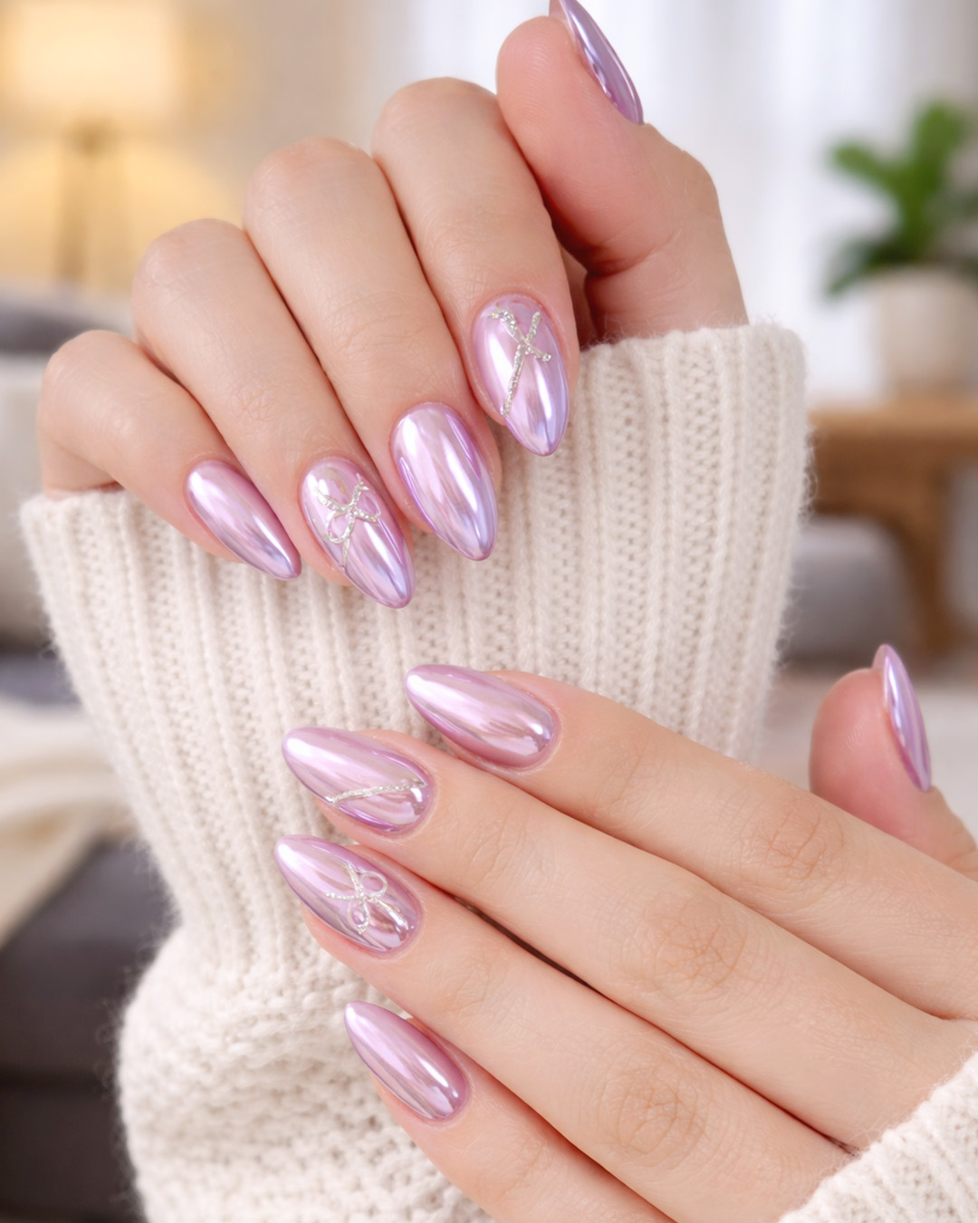 Soft pink lavender chrome nails with a glossy mirror finish and delicate ribbon nail art on almond-shaped nails