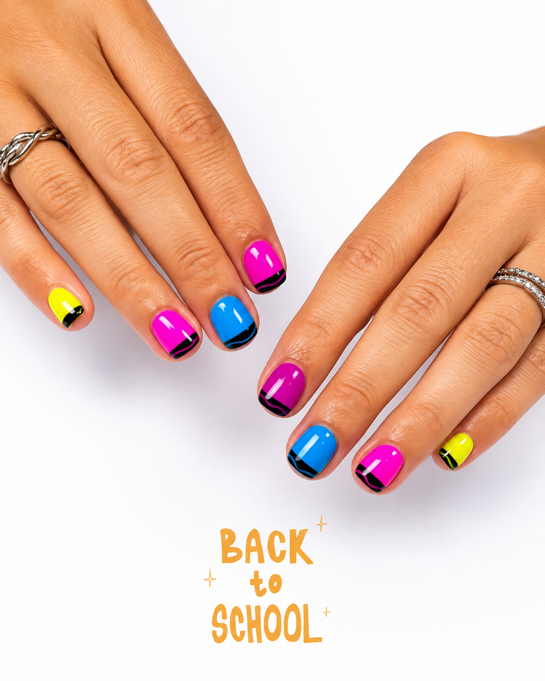 Back to school nails with bright colorful French tip nail art