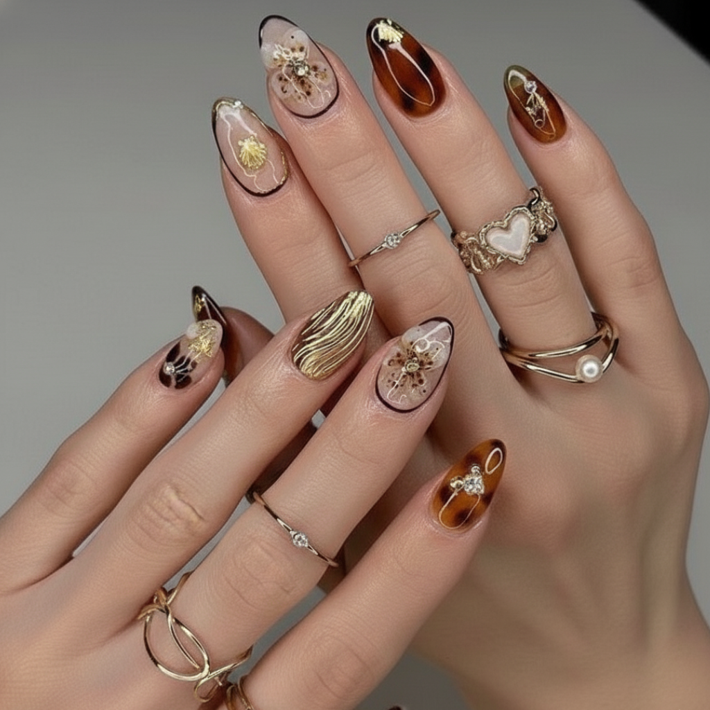 7 Elegant Gel Nail Ideas to Keep Your Style On Point This Fall 2025 1 Elegant tortoiseshell gel nails with gold accents and floral details — luxury fall gel nail ideas from Plush Nail Bar.
