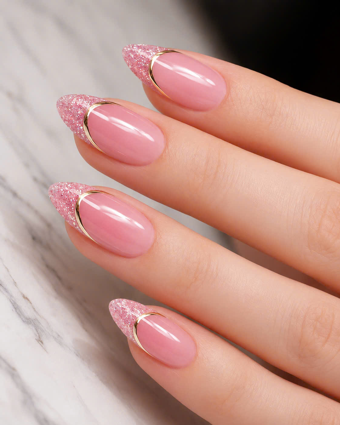 Luxury glitter pink French almond nails with gold accents
