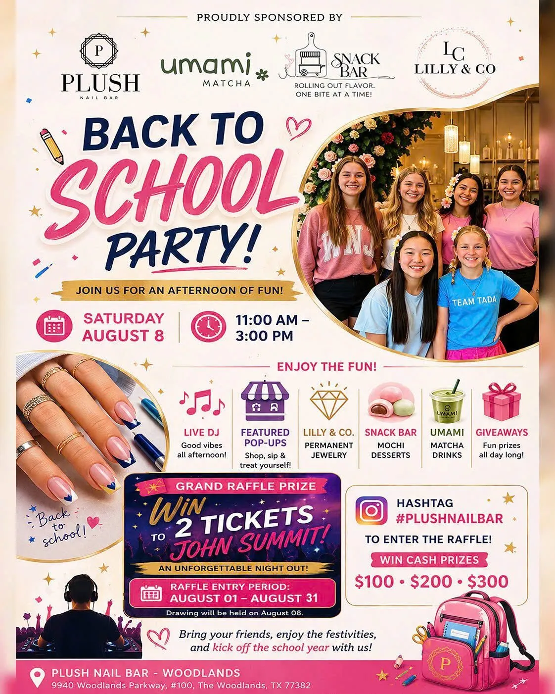 Back to School Party flyer at Plush Nail Bar The Woodlands with raffle prizes
